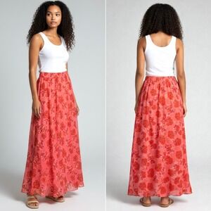 Ann Taylor LOFT Floral Maxi Skirt Size S Coral Pink Crinkle Flowy Pull On Boho